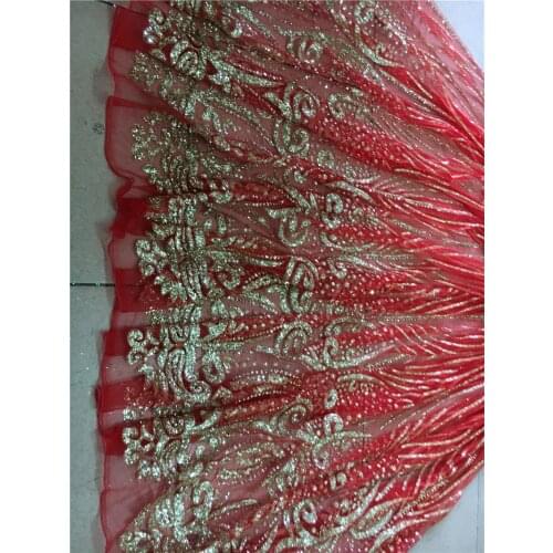 Gold glitter shiny glued print glitter red tulle mesh lace fabric for sawing / evening dress/stage decoration JRB-72604