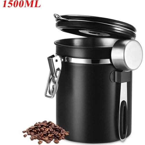 1500ml Coffee Bean Airtight Tank With Spoon Single Valve Cup Scoop Tea Storage Tank Exhaust Stainless Steel Food Storage Can