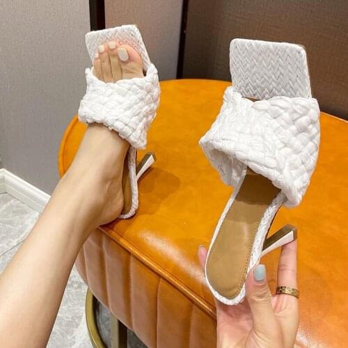 2021 Fashion Women Summer Plus Size High Heels Ladies Square Toe Slipper Flip Flops Weave Flat Shoes Female Party For Shoes