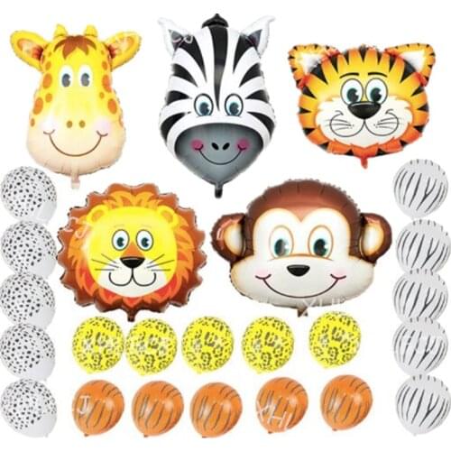 25pcs/lot Animals Head Foil Balloons Birthday Party Decorations Kids Theme Jungle Safari stripe Latex Balls Tiger Monkey Gifts
