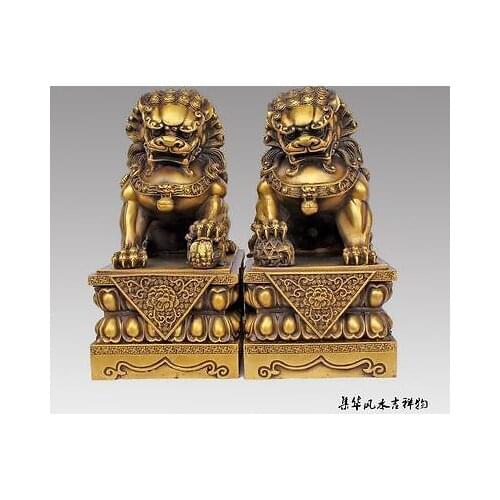 Big Large Pair BRASS Chinese Lion Foo Dog Statue Figure Sculpture Black yellow 10"H Decoration 100% Brass BRASS