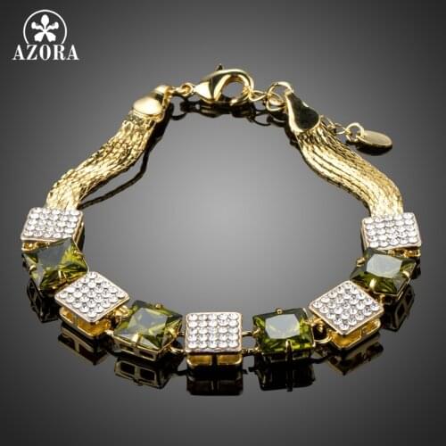 AZORA Lucky Square Shape Chain Bracelet Charm Pave Big Green CZ Trendy Fashion Link Bracelet Femme Jewellery Accessories TS0173