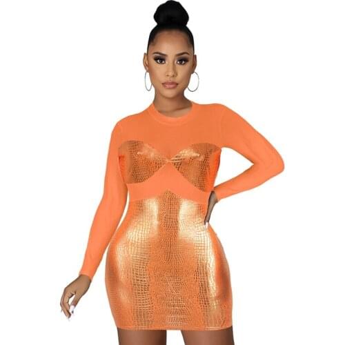 Fluorescent Green Club Mini Dress Spring Mesh Patchwork Long Sleeve Bodycon Dress Club Casual Slim Sheath Party Dress Vestidos