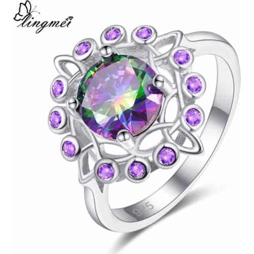 Lingmei New Arrival Round Multi Purple & Green Cubic Zirconia Silver ColorRing Size 6-9 Elegant Fashion Women Jewelry
