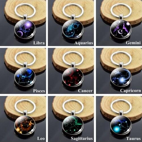 Fashion 12 Zodiac Sign Keychain Astrology Pendnat Double Side Constellation Art Metal Key Chain Car Key Ring Christmas Gifts