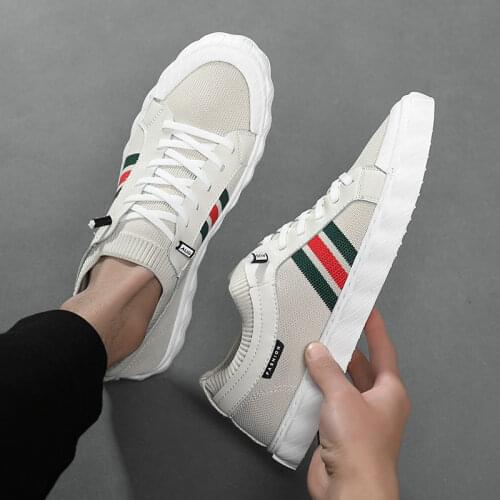 New Men Casual Shoes High Quality Youth Breathable Knit Striped Flat Shoes for Men Street Cool Lace-up Sneakers