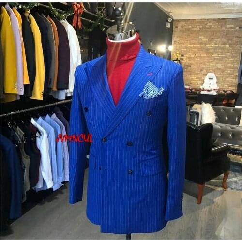 Royal Blue Striped Mens Suits 2 Pieces Groom Best Man Pants Suit Business Wedding Tailored Blazer Jacket (Jacket+Pants)