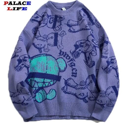 Graffiti Bear Print Men Knitted Sweater 2021 Autumn Harajuku Pullover Sweater Oversize Hip Hop Streetwear Cotton Men Clothing