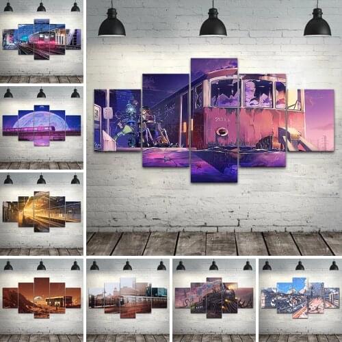 Wall Art Modular Canvas Home Decor Cartoon Landscape Pictures HD Printed Train Cityscape Paintings Living Room Artwork No Framed