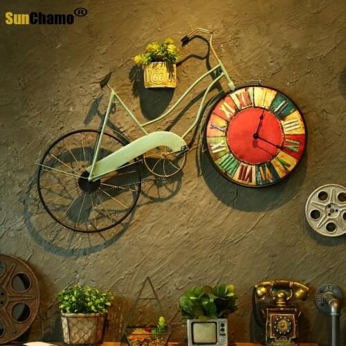 Retro Bike Wall Clock Mural Hanging Wall Clock Living Room Decor Pendant Vintage Watch Ornaments Personality Home Decoration