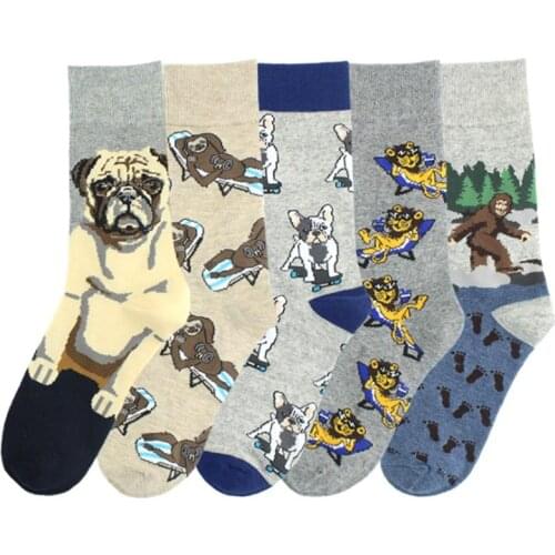 New Cute Cotton Socks Men Fashion Funny Dog Monkey Long Skateboard Sock Autumn Winter Happy Cartoon Socks