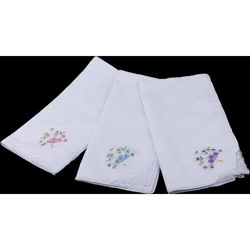 Wholesale 12 Vintage Women Ladys Flower Embroidery 100% Cotton Pocket Square Handkerchiefs Party White Hanky