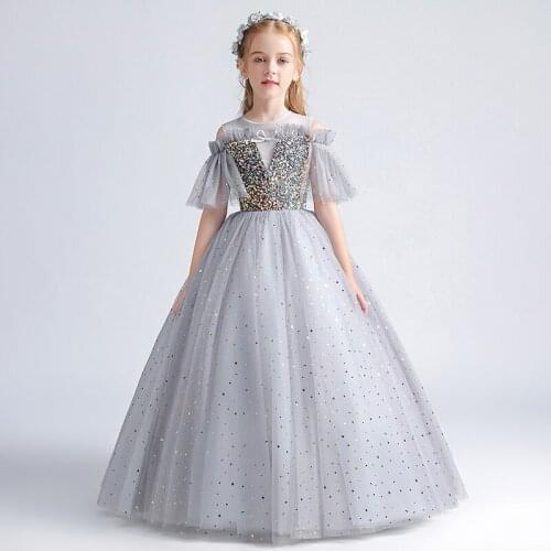 Flower Girl Dress Illusion Off The Shoulder Princess Sequined O-Neck Ball Gown Embroidery Gray Luxury Tulle Kid Party Skirt H089