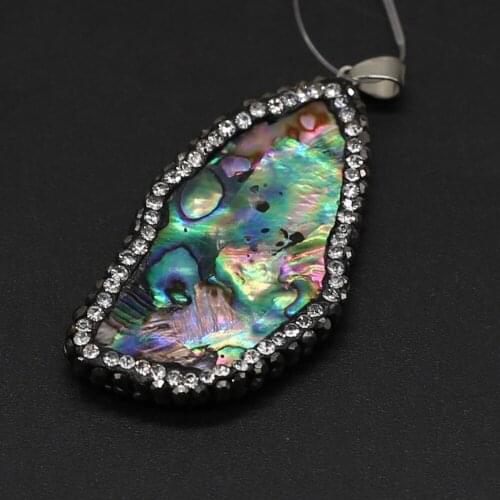 Diamon-Studded Natural Abalone Shell Pendant Irregural Shell Pendant for Making Women Men DIY Jewelry Necklace 25x35-30x40mm