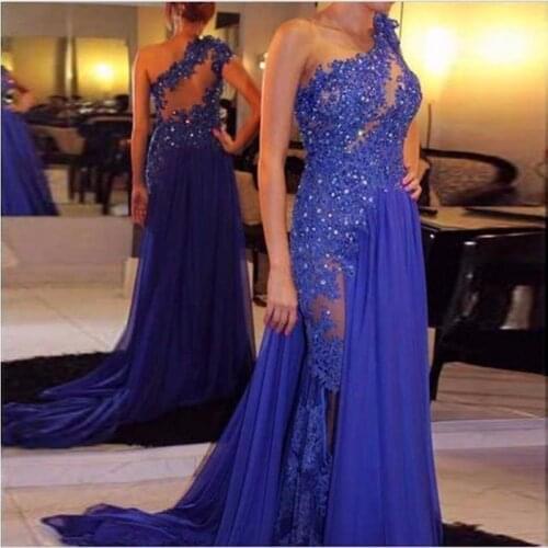 Chic Royal Blue Evening Dresses Chiffon See Through One Shoulder Appliqued Lace Party Gown Plus Size vestidos