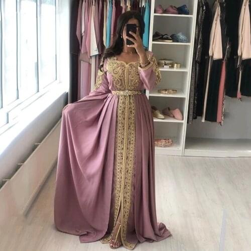 Lilac Moroccan Kaftan Caftan Muslim Evening Dresses A-line Long Sleeves Chiffon Appliques Dubai Arabic Turkey Abaya Islamic Gown