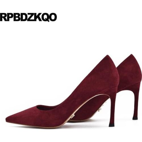 Fashion Pointed Toe Casual Wine Red Women Slip On Stiletto Designer 2021 Size 4 34 Suede Pumps Thin High Heels Shoes 8cm Scarpin