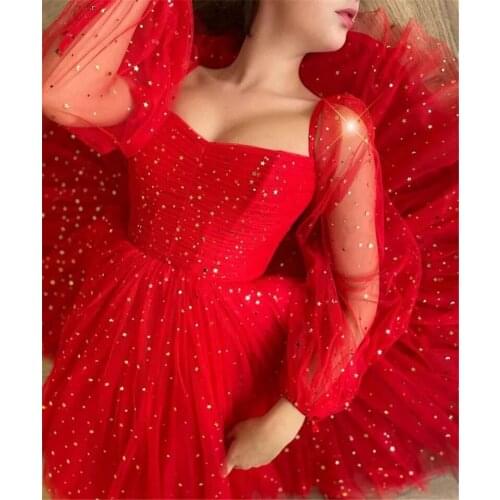 Sparkly Gold Stars Red Sweetheart Long Sleeves A Line Knee Length Shimmer Evening Party Tulle Prom Dresses Puff robes de soirée