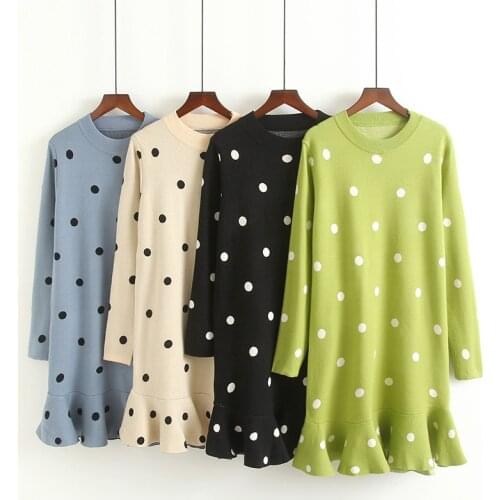 PERHAPS U Women Sweater Pullover Green Beige Black Blue Polka Dot Ruffle Knitted Knee Length A Line Autumn Winter Dress D1380