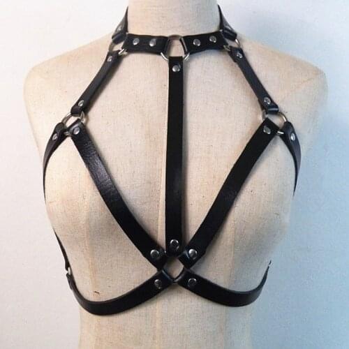 Women Pu Leather Harness Garters Belt Chain Body Bondage Underwear Erotic Fetish Suspender Sexy Bra Garter Straps Lingerie Black