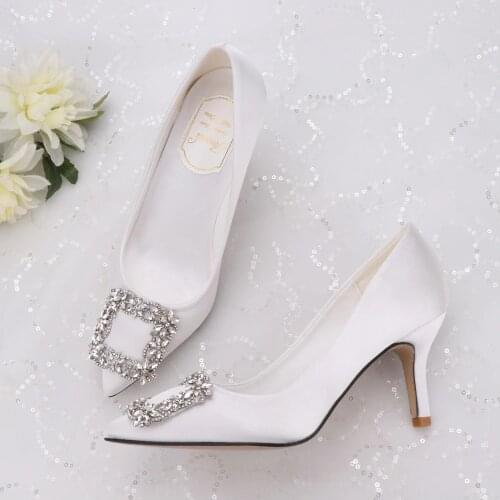 White Wedding Shoes Pointed 7CM 9CM High Heel Diamond Bride shoes Small Fat Big Size 33 US 4 Dress Banquet Lady Pumps