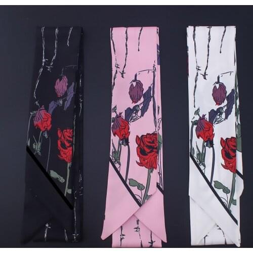 POBING Rose Floral Women Silk Scarf Twill Head Scarf Brand Tie Handle Bag Ribbons Small Long Scarves Small Hijab 130*7CM