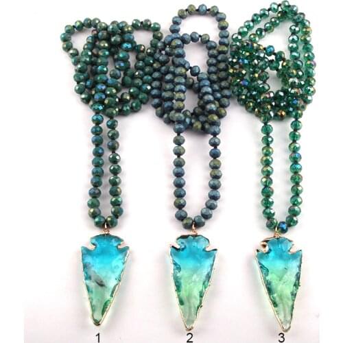 Fashion Bohemian Tribal Jewelry Green Glass Long Knotted Handmade Paved Bull Head Pendant Necklace For Women