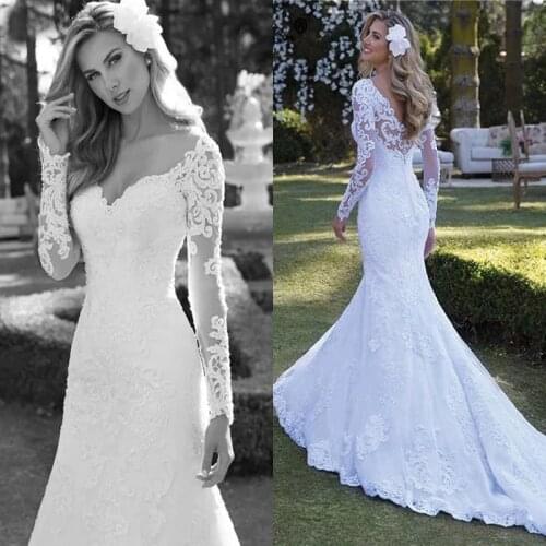 Full Sleeves 2021 Wedding Dresses Lace Appliqued Boho Garden Beach Mermaid Bridal Gowns V Neck Court Train Backless Robes De Mar