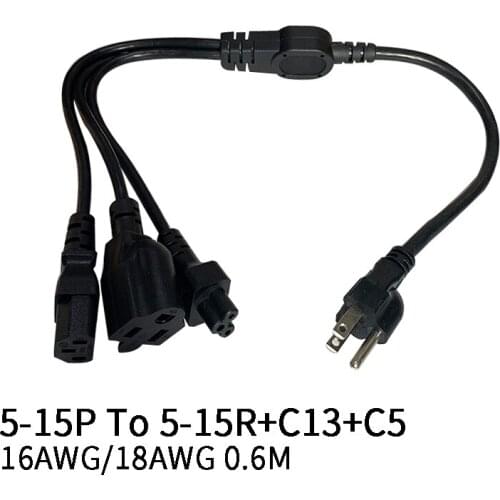 0.6M 16AWG US 5-15P TO C13+C5+5-15R Japan Nema Plug 5-15P 3 Pin To US 5-15R+IEC320 C5+C13 Wire Power Extension Cable Cord