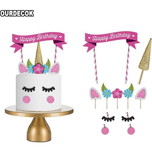 1set Handmade Pink Unicorn Party Cake Topper Wedding Cupcake Decoration Happy Birthday Party Supplies Baby Children Party Decor