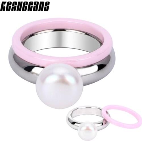 2pcs/Set Pink Ceramic Ring With Big Simulated Pearl Rings Stainless Steel Can Be Split For Women Elegant Fashion Jewelry Wedding