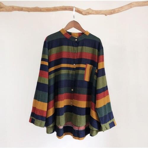 2021 Autumn Spring Loose Retro Colorful Striped Women Shirts Pocket Casual Cotton Linen Literary Irregular Lady Vintage Blouse