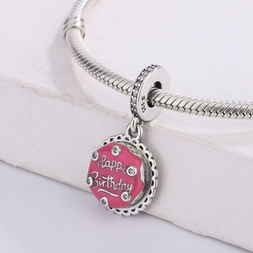 925 Sterling Silver Pink Enamel Happy Birthday Cake Dangle Pendant Charm Bracelet DIY Jewelry Making For Original Pandora