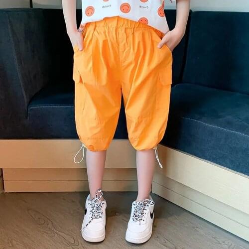 4 To 14 Years Teenage Kids Summer Pants For Girls Calf-Length Loose Cotton Cargo Pants Solid Elastic Waist Trousers Clothing