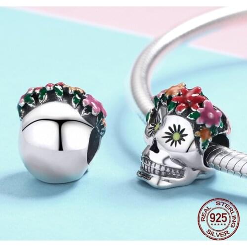 DIY women fashion jewelry accessories 100% 925 sterling silver enamel flower beads fit Pandora skull charm birthday gift making
