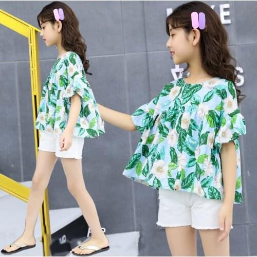 DIIMUU Summer Girls Clothes Outfit Sets Kids Floral Tops + Shorts Fit 4-13 Years Child Short Sleeve Clothing Girl Summer Suits