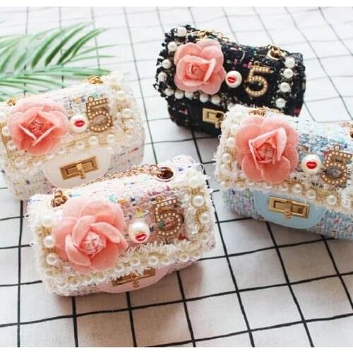 Fashion Girls Flower Pearl Messenger Bag Mini Designer Children Flap Princess Shoulder Crossbody Bag Cute Small Kids Handbag