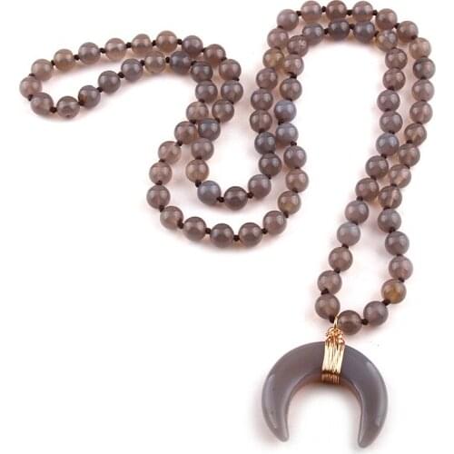 Fashion Bohemian Tribal Jewelry Semi Precious Stones Long Knotted Stone Moon Pendant Necklaces Women Ethnic Necklace