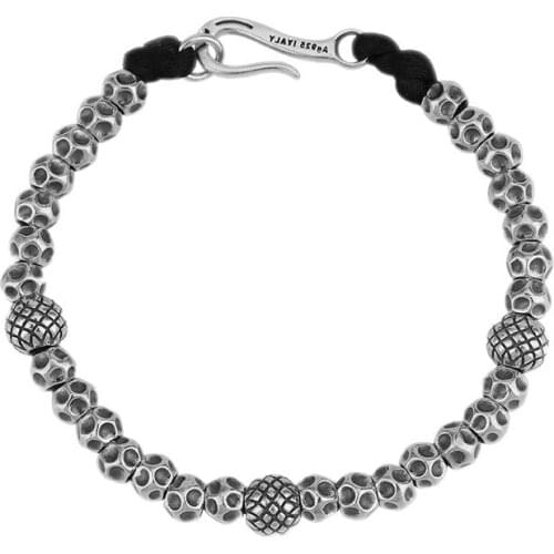 BOCAI Retro Personality 2021 Trend 100% S925 Silver Couple Silver Bead Skull Bracelet for Man and Woman Black Rope Bracelet