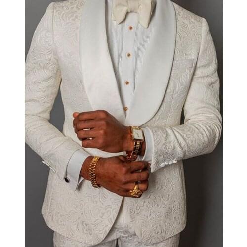 New Style Groomsmen IVory Pattern Groom Tuxedos Shawl SAtin Lapel Men Suits 2 Pieces Wedding Best Man ( Jacket+Pants+Tie ) C780