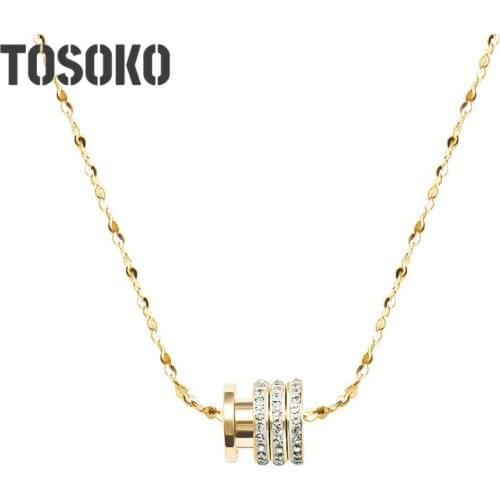 TOSOKO Stainless Steel Jewelry Round Three Ring Zircon Necklace Women Simple Chain BSP361