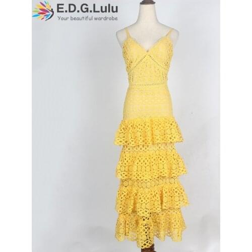 EDGLulu ruffle dress elegant casual runway fashion summer 2019 midi overall dress women suspenders v neck yellow lace dress