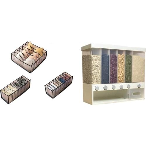 10KG Wall Mounted Divided Rice and Cereal Dispenser with 3Pcs Underwear Bra Socks Panty Storage Boxes Grey