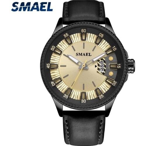 SMAEL Creative Japanese Movement Quartz Watch Mens Fashion Casual Leather Bracelet Waterproof LED Luminous Light Pointer