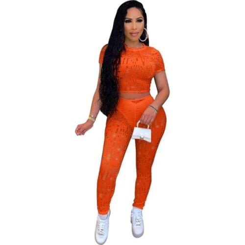 STYLISH LADY Hole 2 Piece Set Women Short Sleeve Crop Top and Long Pant Set 2021 Hollow Out Club Party Fitness Sports Tracksuits
