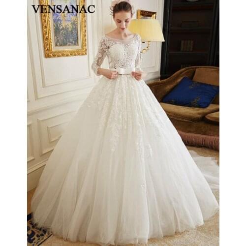 VENSANAC 2018 Illusion O Neck Lace Appliques Ball Gown Wedding Dresses Bow Sash Sweep Train Backless Bridal Gowns
