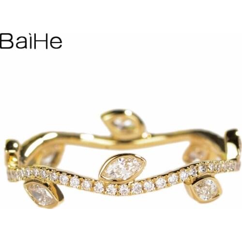 BAIHE Solid 14K Yellow Gold About 0.56ct H/SI Round Marquise Diamonds Jewelry Engagement Trendy Beautiful Leaf vine diamond Ring