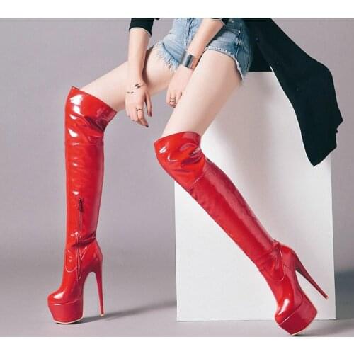 Ladies Autumn Winter Knee Boots Sexy Stiletto High-Heel Zipper Women Shoes Female Platform Patent Leather Large Size Boots 34-46