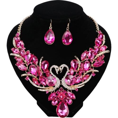 Luxury Gold Zinc Allo Pink Crystal New Collier Femme Double Swan Statement Necklace Earring For Women Party Wedding Jewelry Sets