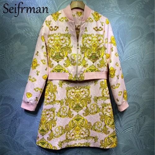 Seifrmann Women Summer Fashion Designer 2 Pieces Set Lantern Sleeve Loose Blouses+Sleeveless Beading Dresses Two Pieces Suits